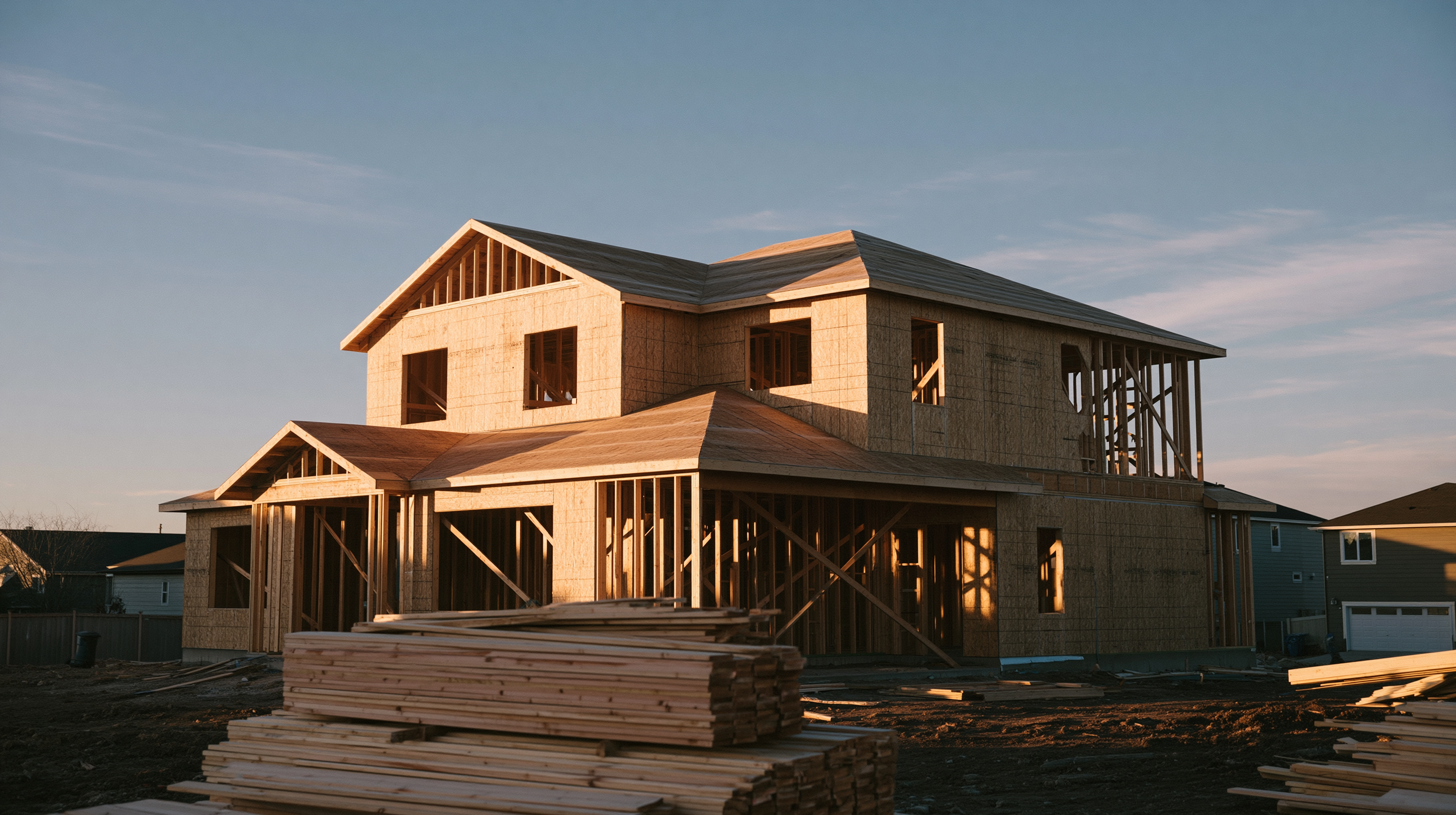 Single-family home under wood-frame construction at sunset